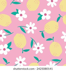 pattern design with flower and lemon drawing for kids fashion