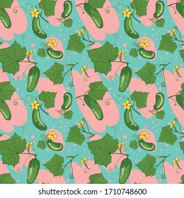 Pattern design / 
fresh cucumbers with leaves on a branch