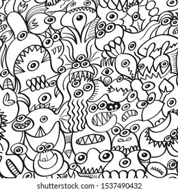 Pattern design full of weird characters in doodle style. Scary monsters, odd animals and aliens conform a flat motif with no spaces. Black outlines composition great for wallpapers and decoration