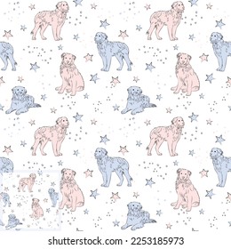 Diseño de patrones con divertidos perros de montaña de Bernese, patrón sin fisuras. Textil de camiseta, papel de envoltura, diseño gráfico de fondo azul. Fondo de escritorio para bebés y niños. Estilo de lino azul y rosa