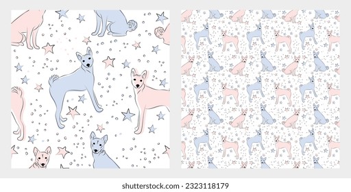 Pattern design with funny Blue and Pink Basenji dogs doodles, seamless pattern with stars. T-shirt textile, linen, wrapping paper, white background graphic design. Wallpaper for Babies and kids.