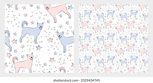 Diseño de patrones con doodles divertidos de perros canarios azul y rosa, patrón sin fisuras con estrellas. Ropa textil de camiseta, lino, papel envolvente, diseño gráfico de fondo blanco. Fondo de escritorio para bebés y niños.