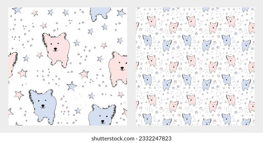 Pattern design with funny Blue and Pink Cairn Terrier doodles, seamless pattern with stars. T-shirt textile, linen, wrapping paper, white background graphic design. Wallpaper for Babies and kids.