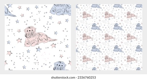 Pattern design with funny Blue and Pink brussels griffon doodles, seamless pattern with stars. T-shirt textile, linen, wrapping paper, white background graphic design. Wallpaper for Babies and kids.