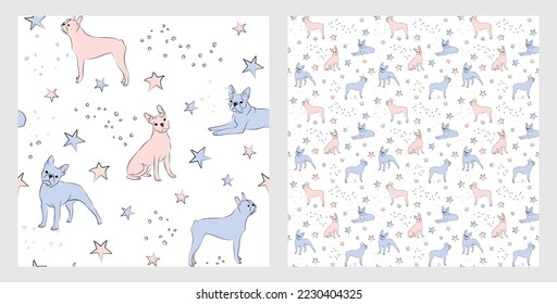 Pattern design with funny Boston Terrier dogs doodles, seamless pattern. T-shirt textile, wrapping paper, blue background graphic design. Wallpaper for Baby and kids. Blue and Pink linen style, Stars.
