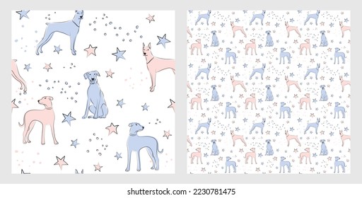 Pattern design with funny Doberman dogs doodles, seamless pattern. T-shirt textile, wrapping paper, blue background graphic design. Wallpaper for Babies and kids. Blue and Pink linen style. Stars.