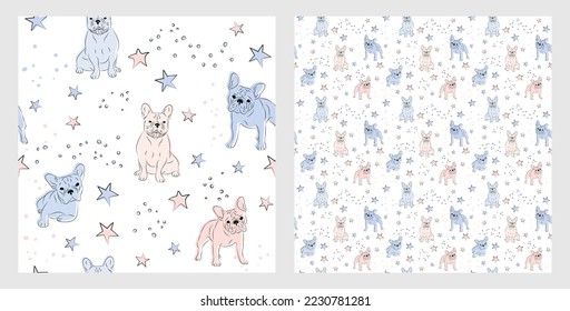 Pattern design with funny French bulldog dogs doodles, seamless pattern. T-shirt textile, wrapping paper, blue background graphic design. Wallpaper for Babies and kids. Blue and Pink linen style.