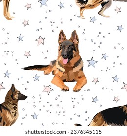 Pattern design with funny german shepherd illustrations and stars, seamless pattern with dogs. T-shirt textile, linen, wrapping paper, bright background graphic design. Babies Wallpaper print.