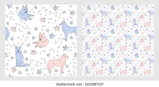 Pattern design with funny Husky dogs doodles, sketch style, seamless pattern.  textile, wrapping paper, blue background graphic design. Wallpaper for Babies and kids. Blue and Pink linen style.