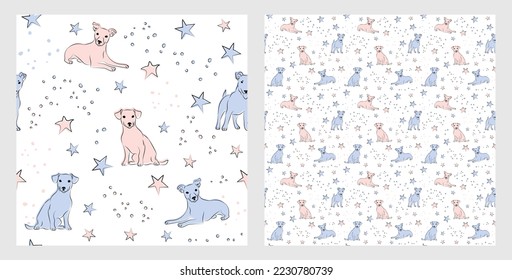 Diseño de patrones con garabatos divertidos de Jack Russell, patrón sin fisuras. Textil de camiseta, papel de envoltura, diseño gráfico de fondo azul. Fondo de escritorio para bebés y niños. Ropa azul y rosa. Estrellas.