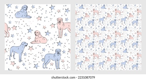 Pattern design with funny Kangal dogs doodles, sketch style, seamless pattern.  textile, wrapping paper, blue background graphic design. Wallpaper for Babies and kids. Blue and Pink linen style card.