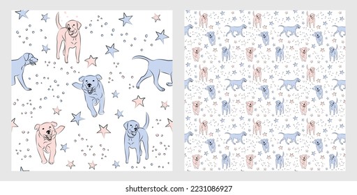 Pattern design with funny Labrador dogs doodles, sketch style, seamless pattern.  textile, wrapping paper, blue background graphic design. Wallpaper for Babies and kids. Blue and Pink linen style.