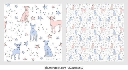 Pattern design with funny mini Pinscher dogs doodles, sketch style, seamless pattern.  textile, wrapping paper, blue background graphic design.Wallpaper for Babies and kids. Blue and Pink linen style.