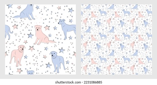 Pattern design with funny Mutt, mongre dogs doodles, sketch style, seamless pattern.  textile, wrapping paper, blue background graphic design. Wallpaper for Babies and kids. Blue and Pink linen style.