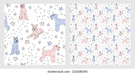 Pattern design with funny schnauzer dogs doodles, sketch style, seamless pattern.  textile, wrapping paper, blue background graphic design. Wallpaper for Babies and kids. Blue and Pink linen style.