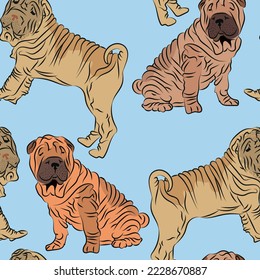 Diseño de patrones con garabatos humorísticos de los perros Shar Pei, patrón sin fisuras. Tejidos de camisetas, papel pintado, papel de envoltura, diseño gráfico de fondo azul. Día de San Valentín, Navidad. Entorno de amor, bebé y niños.