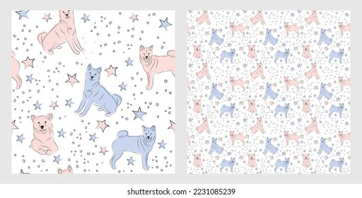 Pattern design with funny Shiba Inu dogs doodles, sketch style, seamless pattern.  textile, wrapping paper, blue background graphic design. Wallpaper for Babies and kids. Blue and Pink linen style.