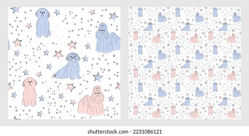 Pattern design with funny Shih Tzu dogs doodles, sketch style, seamless pattern.  textile, wrapping paper, blue background graphic design. Wallpaper for Babies and kids. Blue and Pink linen style.