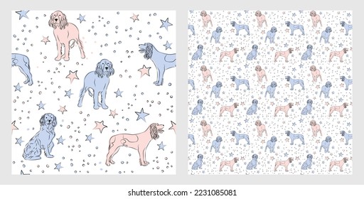 Pattern design with funny springer spaniel dogs doodles, sketch style, seamless pattern.  textile, wrapping paper, blue background graphic design. Wallpaper for Babies and kids. Blue and Pink linen.