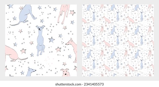 Pattern design with funny whippet doodles and dog oultines, seamless pattern with stars. T-shirt textile, linen, wrapping paper, white background graphic design. Wallpaper for Babies and kids.