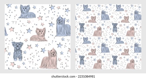 Pattern design with funny Yorkshire Terrier dogs doodles, sketch style, seamless pattern.  textile, wrapping paper, blue background graphic design. Wallpaper for Babies and kids. Blue and Pink linen.