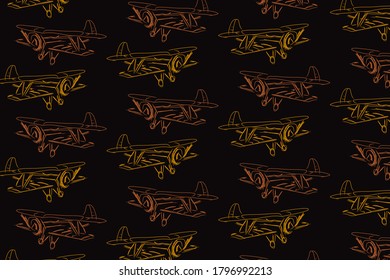 Pattern design with hand drawn airplanes. Vector background illustration with black, orange, yellow colors