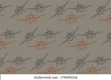 Pattern design with hand drawn airplanes. Vector background illustration with brown, grey colors