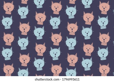 Pattern design with hand drawn cats. Vector background illustration with blue, rose colors