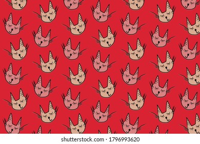 Pattern design with hand drawn cats. Vector background illustration with red, pink colors