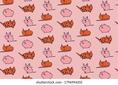 Pattern design with hand drawn cats. Vector background illustration with rose, orange colors