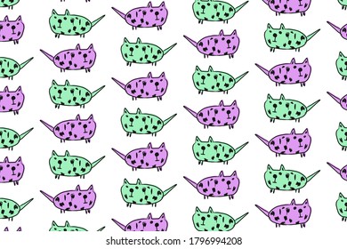 Muster mit handgezeichneten Katzen. Vektorhintergrund mit grünen, violetten Farben