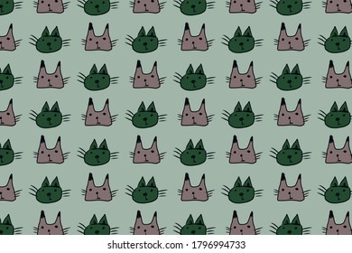 Pattern design with hand drawn cats. Vector background illustration with green, brown colors
