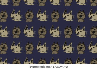 Pattern design with hand drawn cats. Vector background illustration with dark grey, khaki colors