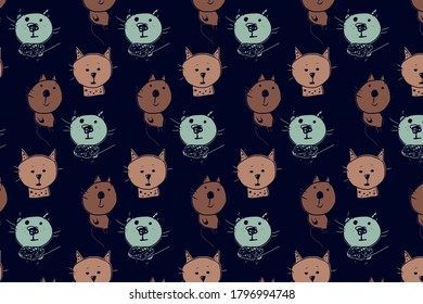 Pattern design with hand drawn cats. Vector background illustration with brown, blue colors