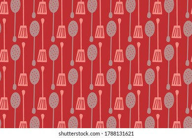 Pattern design with hand drawn cutlery. Vector illustration with red, rose, grey colors