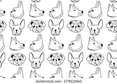 Pattern design with hand drawn dog faces. Vector background illustration.