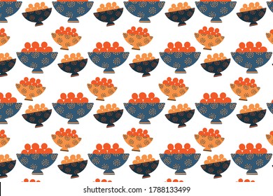 Pattern design with hand drawn fruit bowl. Vector illustration with  blue, orange, white colors