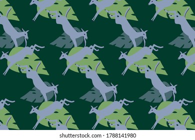 Pattern design with hand drawn goat. Vector illustration with blue, green colors