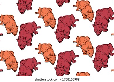 Pattern design with hand drawn lions. Vector background illustration with red, orange colors