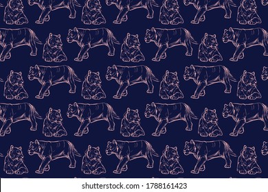 Pattern design with hand drawn lions. Vector background illustration with rose, blue colors