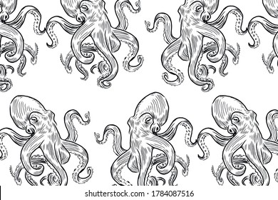 Pattern design with hand drawn octopus. Vector background illustration