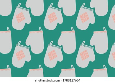 Pattern design with hand drawn oven gloves. Vector illustration with green, grey, rose colors