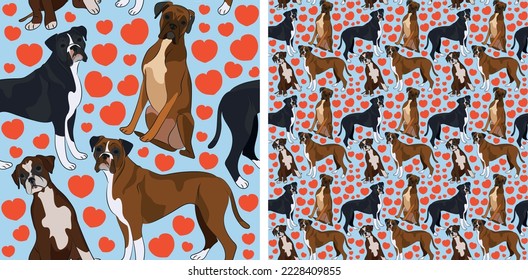 Pattern design with hearts, funny Boxer dogs doodles, and seamless pattern. T-shirt textile, wallpaper, wrapping paper, background graphic design with hearts, blue kids background. Valentine's Day.