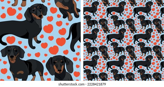Pattern design with hearts, funny dachshund dogs doodles, and seamless pattern. T-shirt textile, wallpaper, wrapping paper, background graphic design with hearts, blue kids background.Valentine's Day.