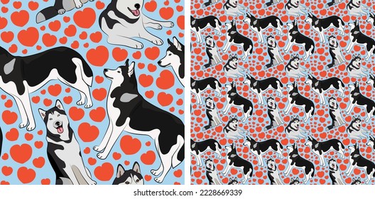 Pattern design with hearts, funny Husky dogs doodles, and seamless pattern. T-shirt textile, wallpaper, wrapping paper, background graphic design with hearts, blue kids background. Valentine's Day.