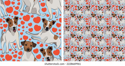 Diseño de patrones con corazones, garabatos divertidos de los perros Jack Russell y patrón ininterrumpido.Textil de camisetas, papel tapiz, papel envolvente, diseño gráfico de fondo con corazones, fondo azul para niños.Día de San Valentín