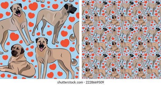 Pattern design with hearts, funny Kangal dogs doodles, and seamless pattern. T-shirt textile, wallpaper, wrapping paper, background graphic design with hearts, blue kids background. Valentine's Day.