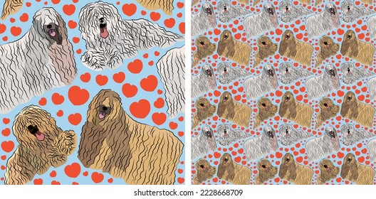 Pattern design with hearts, funny Komondor dogs doodles, and seamless pattern. T-shirt textile, wallpaper, wrapping paper, background graphic design with hearts, blue kids background. Valentine's Day.