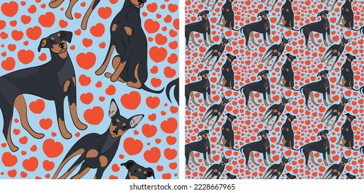Pattern design with hearts, funny Pinscher dogs doodles, and seamless pattern. T-shirt textile, wallpaper, wrapping paper, background graphic design with hearts, blue kids background. Valentine's Day.