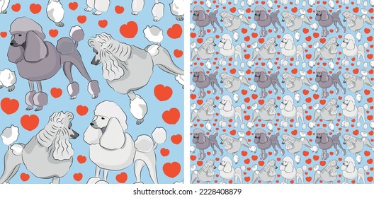 Pattern design with hearts, funny Poodle dogs doodles, and seamless pattern. T-shirt textile, wallpaper, wrapping paper, background graphic design with hearts, blue background. Valentine's Day.